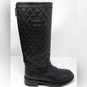 Chanel Black Quilted leather Logo Lug Sole Tall Riding Boots
